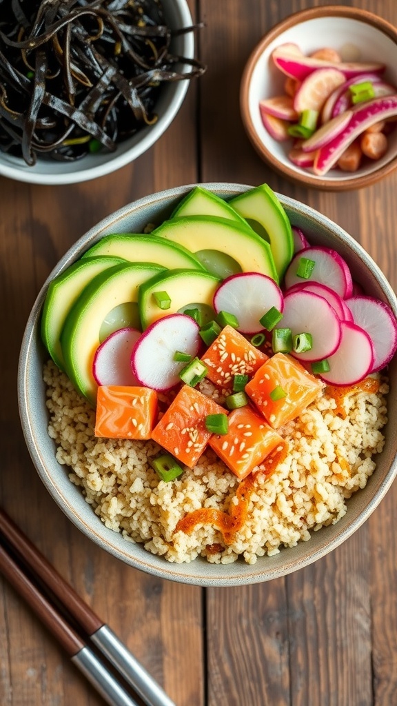 A vibrant salmon quinoa poke bowl with fresh vegetables and garnishes on a wooden table.